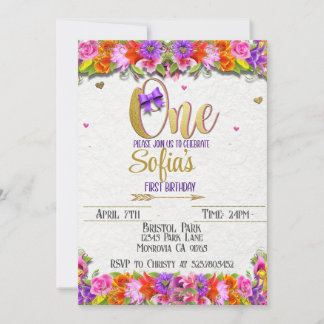 Floral and gold first Birthday invitation 