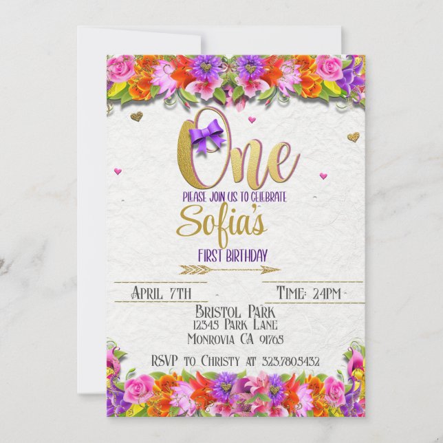 Floral and gold first Birthday invitation  (Front)