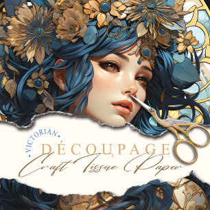 Floral and Gold Goddess Anime Style Blue Tissue Paper