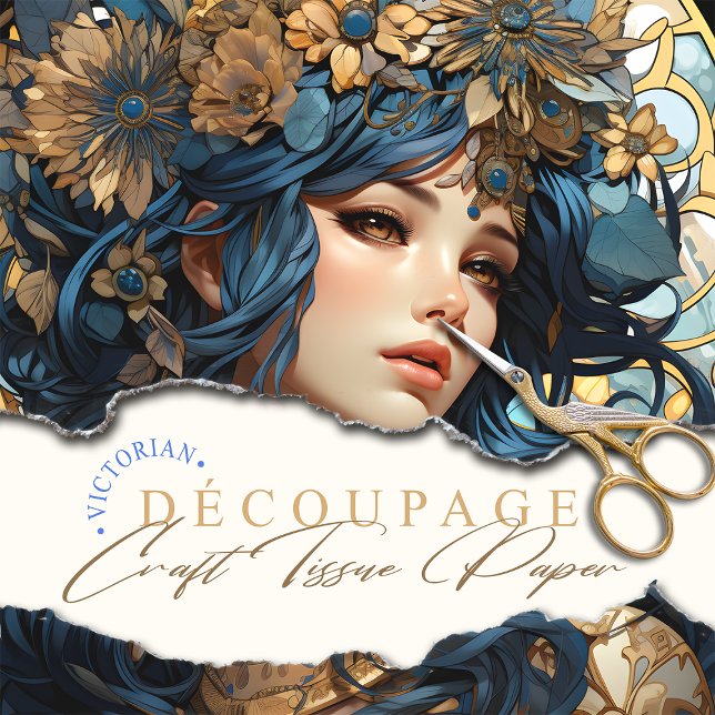 Floral and Gold Goddess Anime Style Blue Tissue Paper (Creator Uploaded)
