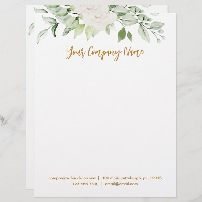 Floral and Greenery Gold Script Custom Letterhead (Front/Back)