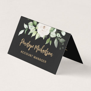 Floral and Greenery Gold Script with QR Code Black Business Card