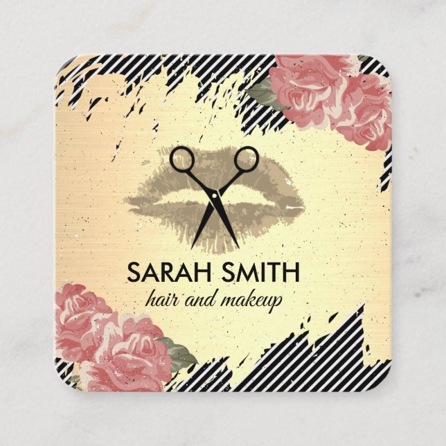 Floral and Kiss / Gold Brushed / Hair Stylist Square Business Card (Front)