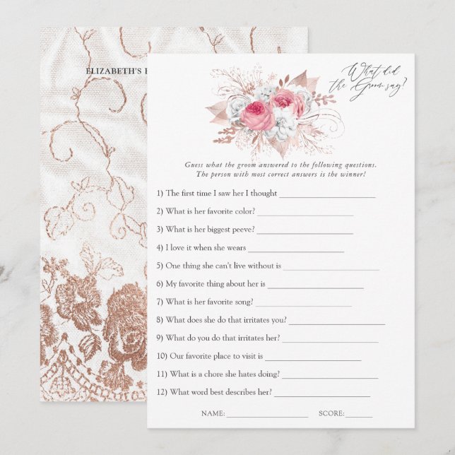 Floral and Lace Bridal Shower Game Invitation (Front/Back)