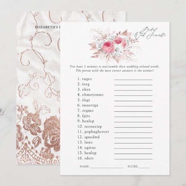 Floral and Lace Bridal Shower Game Invitation (Front/Back)