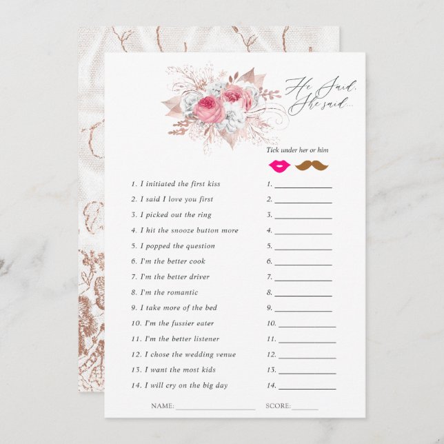 Floral and Lace Bridal Shower Game Invitation (Front/Back)