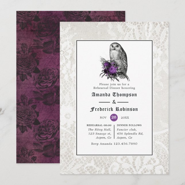 Floral and Lace Gothic Wedding Rehearsal Dinner Invitation (Front/Back)