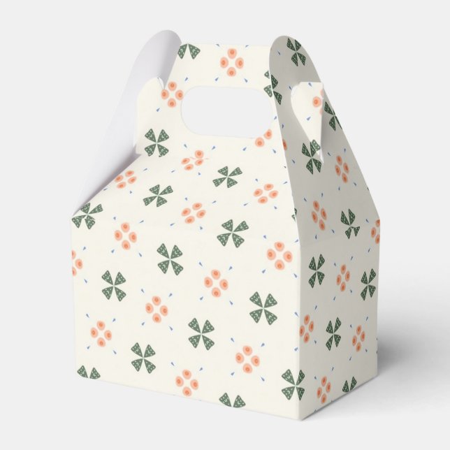 Floral and leafy geometric tile pattern on cream favour box (Front Side)