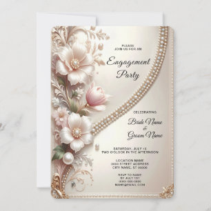 Floral and Pearl Embellishments Engagement Invitation