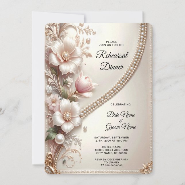 Floral and Pearl Embellishments Rehearsal Dinner Invitation (Front)