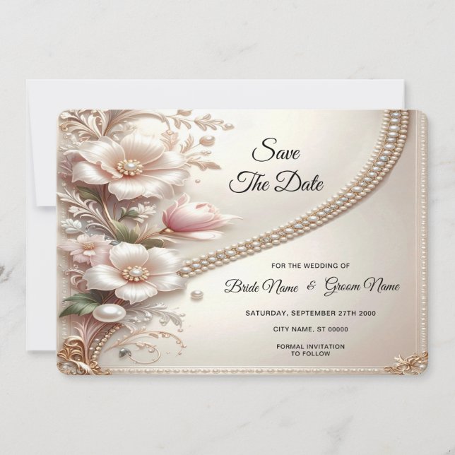 Floral and Pearl Embellishments Save The Date (Front)