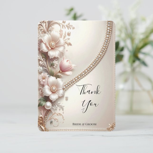 Floral and Pearl Embellishments Thank You Card (Standing Front)