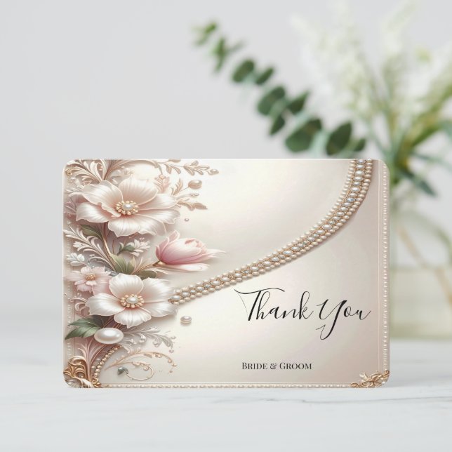 Floral and Pearl Embellishments Thank You Card (Standing Front)