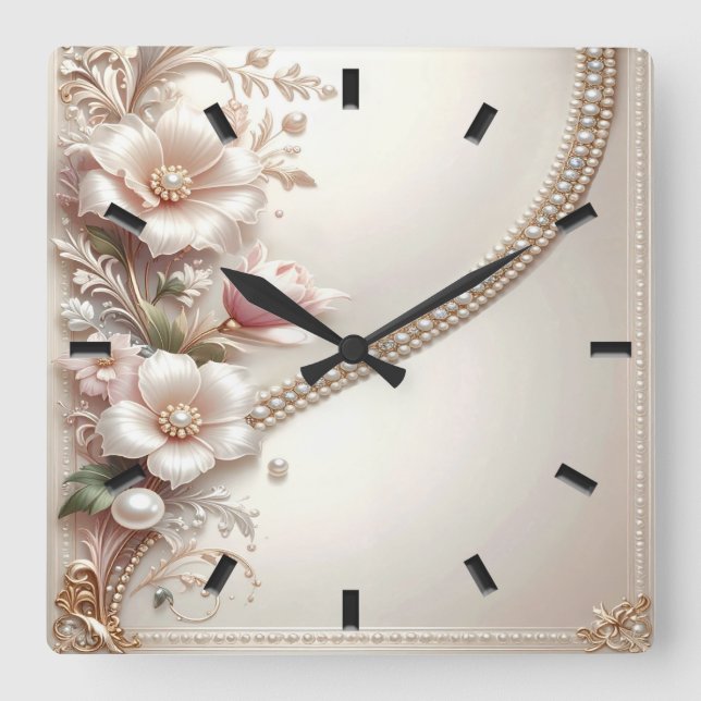 Floral and Pearl Embellishments Wall Clock (Front)