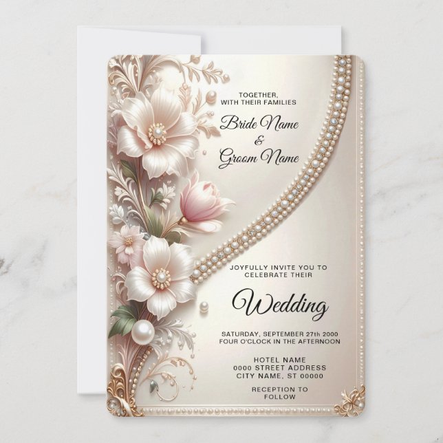 Floral and Pearl Embellishments Wedding Invitation (Front)
