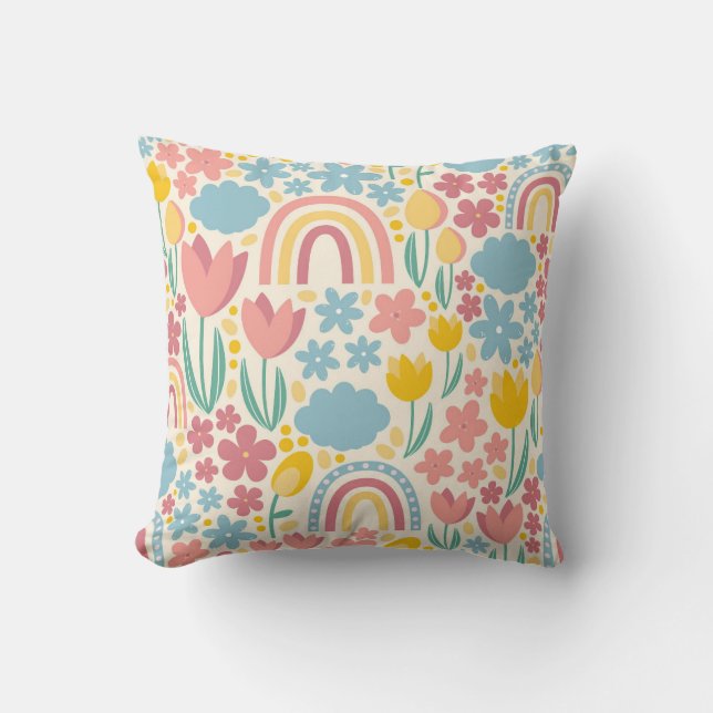 Floral and Rainbow Spring Pattern Cushion (Front)