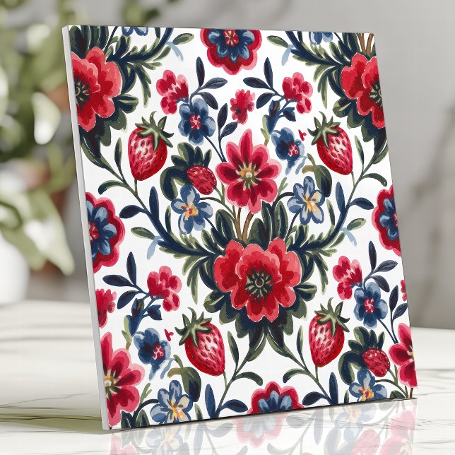 Floral and Strawberry Folk Art Pattern Tile (Creator Uploaded)