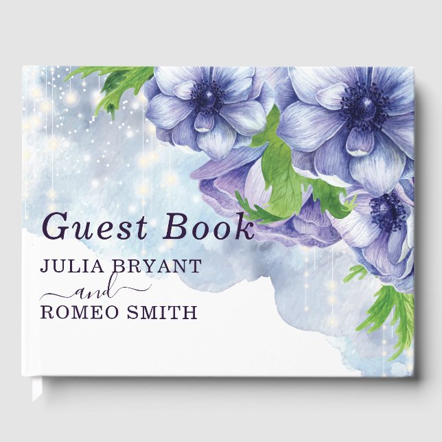 Floral Anemone Purple Wedding Guest Book (Front)