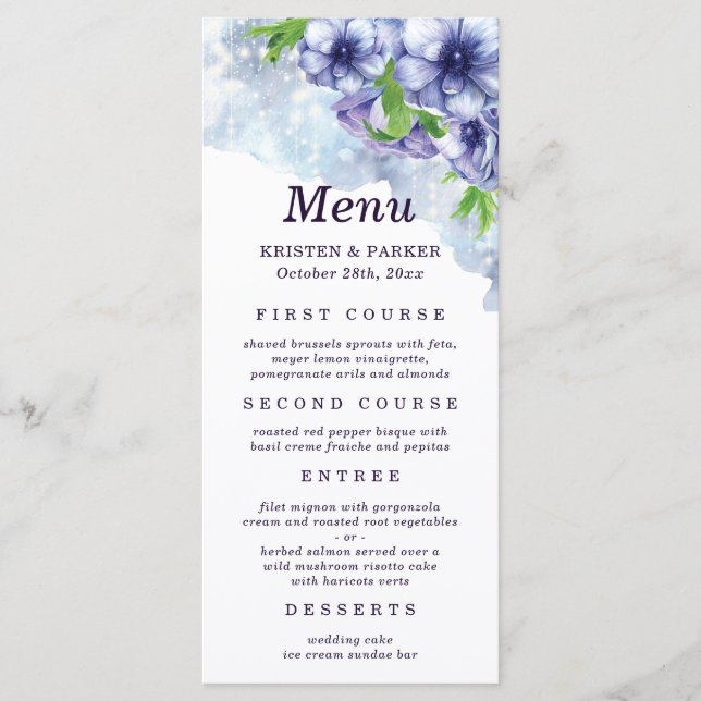 Floral Anemone Purple Wedding Menu (Front)