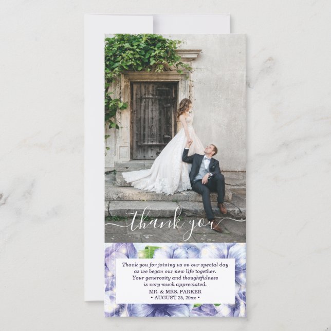 Floral Anemone Purple Wedding Photo Thank You Card (Front)