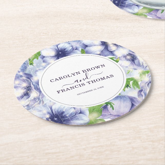 Floral Anemone Wedding Luxury Personalised Round Paper Coaster (Angled)