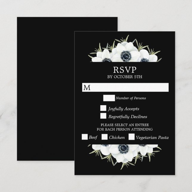 Floral Anemones Black and White Wedding RSVP Card (Front/Back)