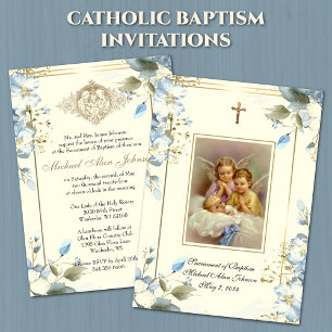 Floral Angels Catholic Baptism Invitation
