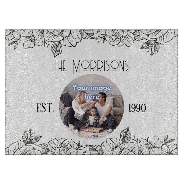 Floral Anniversary Family Round Photo Template Cutting Board (Front)