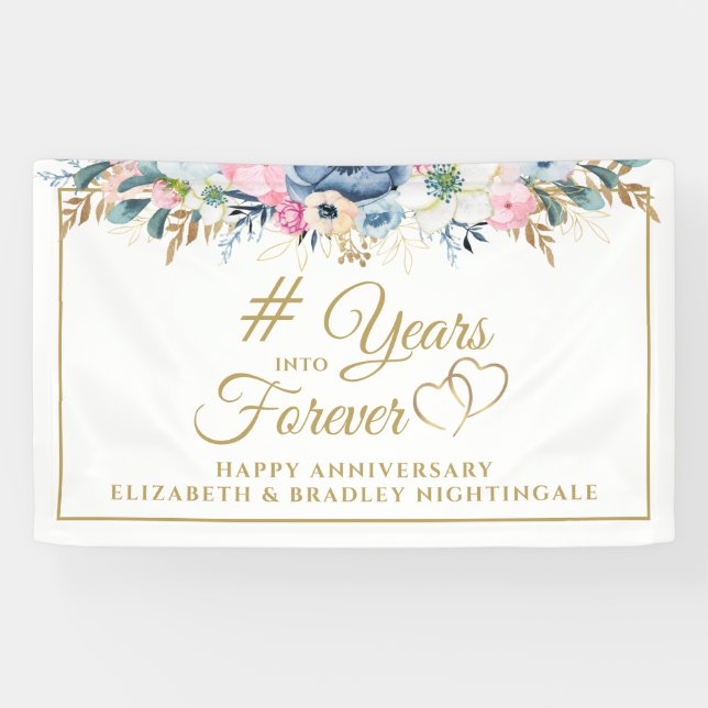 Floral Anniversary Gold Hearts YEARS INTO FOREVER Banner (Horizontal)