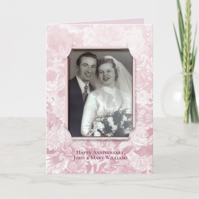 Floral anniversary pink blush photo frame card (Front)