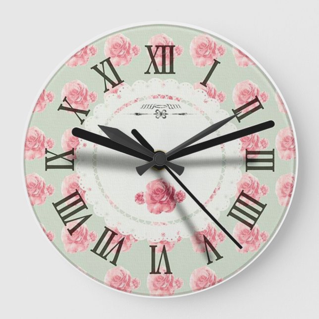 Floral | Antique Pink Roses | Retro Roman Numeral Large Clock (Front)