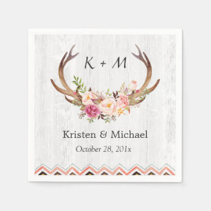 Floral Antler Boho Decor Rustic White Wood Wedding Napkin