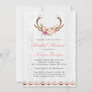 Floral Antler Boho Rustic White Wood Bridal Shower Invitation