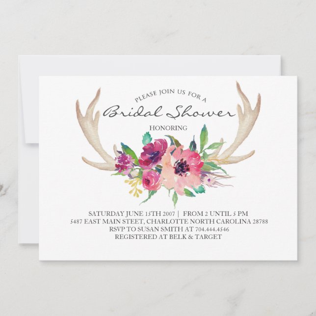 Floral antler boho Shower Invitation (Front)