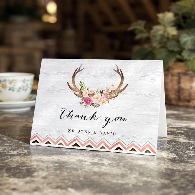 Floral Antler Rustic White Wood Boho Thank You Card (Creator Uploaded)