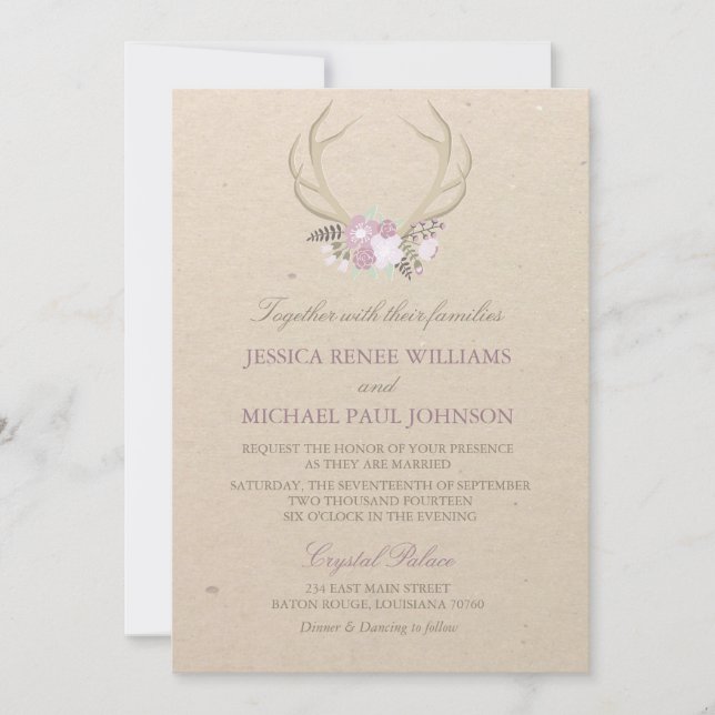 Floral Antler Wedding Invitations (Front)