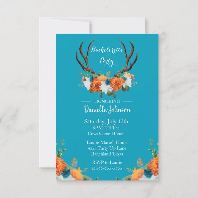 Floral Antlers Bachelorette  Party Invitation (Front)