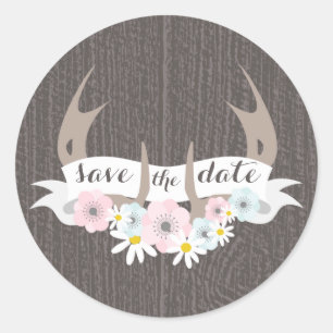 Floral Antlers + Barn Wood Save The Date Sticker