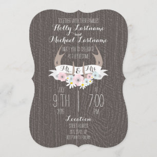 Floral Antlers + Barn Wood Wedding Invitation