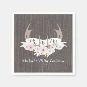 Floral Antlers + Barn Wood Wedding Napkin