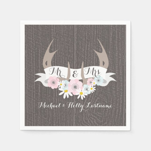 Floral Antlers + Barn Wood Wedding Napkin (Front)