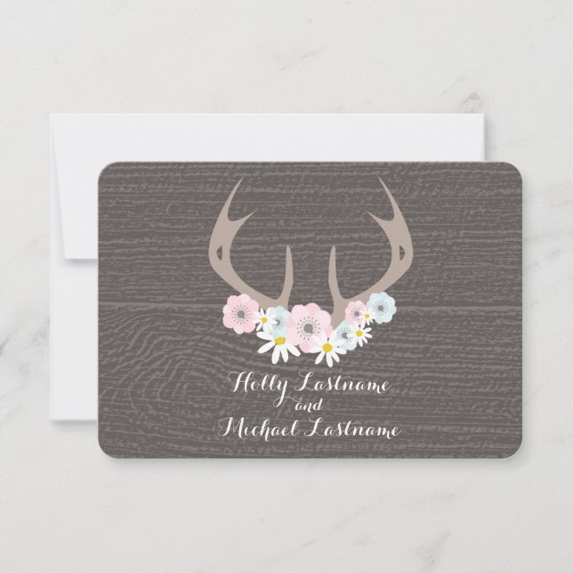 Floral Antlers + Barn Wood Wedding RSVP (Front)