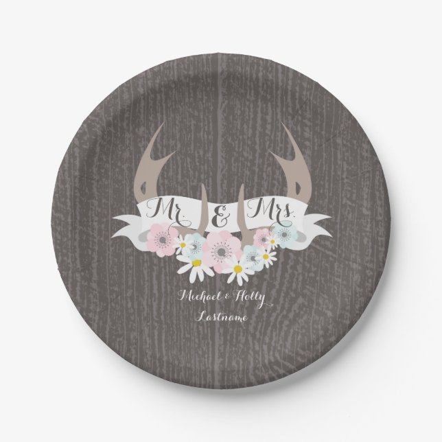 Floral Antlers + Barnwood Wedding Paper Plate (Front)