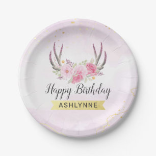 Floral Antlers Blush Pink & Gold Girl's Birthday Paper Plate