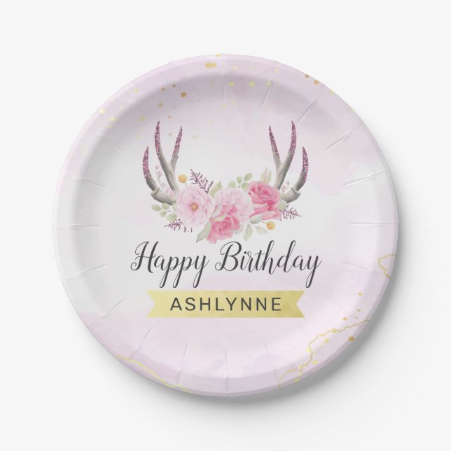 Floral Antlers Blush Pink & Gold Girl's Birthday Paper Plate (Front)