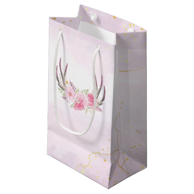 Floral Antlers Blush Pink & Gold Girl's Birthday Small Gift Bag (Front Angled)