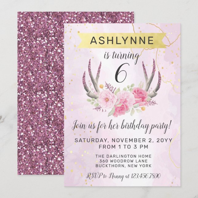 Floral Antlers & Blush Pink Gold Marble Birthday I Invitation (Front/Back)