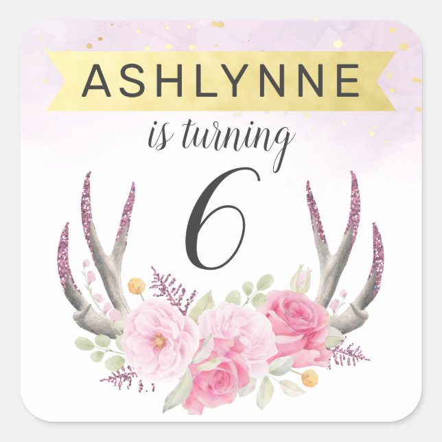 Floral Antlers & Blush Pink Gold Marble Birthday Square Sticker (Front)