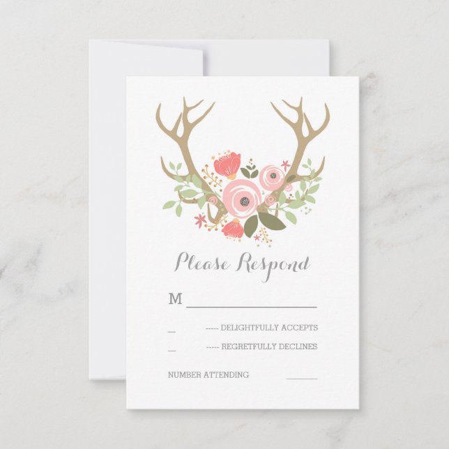 Floral Antlers Boho Wedding RSVP Card (Front)