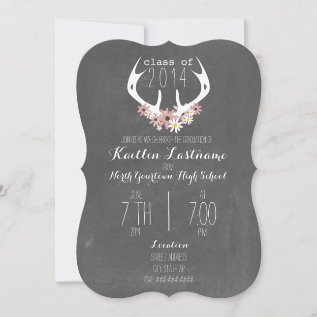 Floral Antlers Chalkboard Inspired Graduation Invitation (Front)